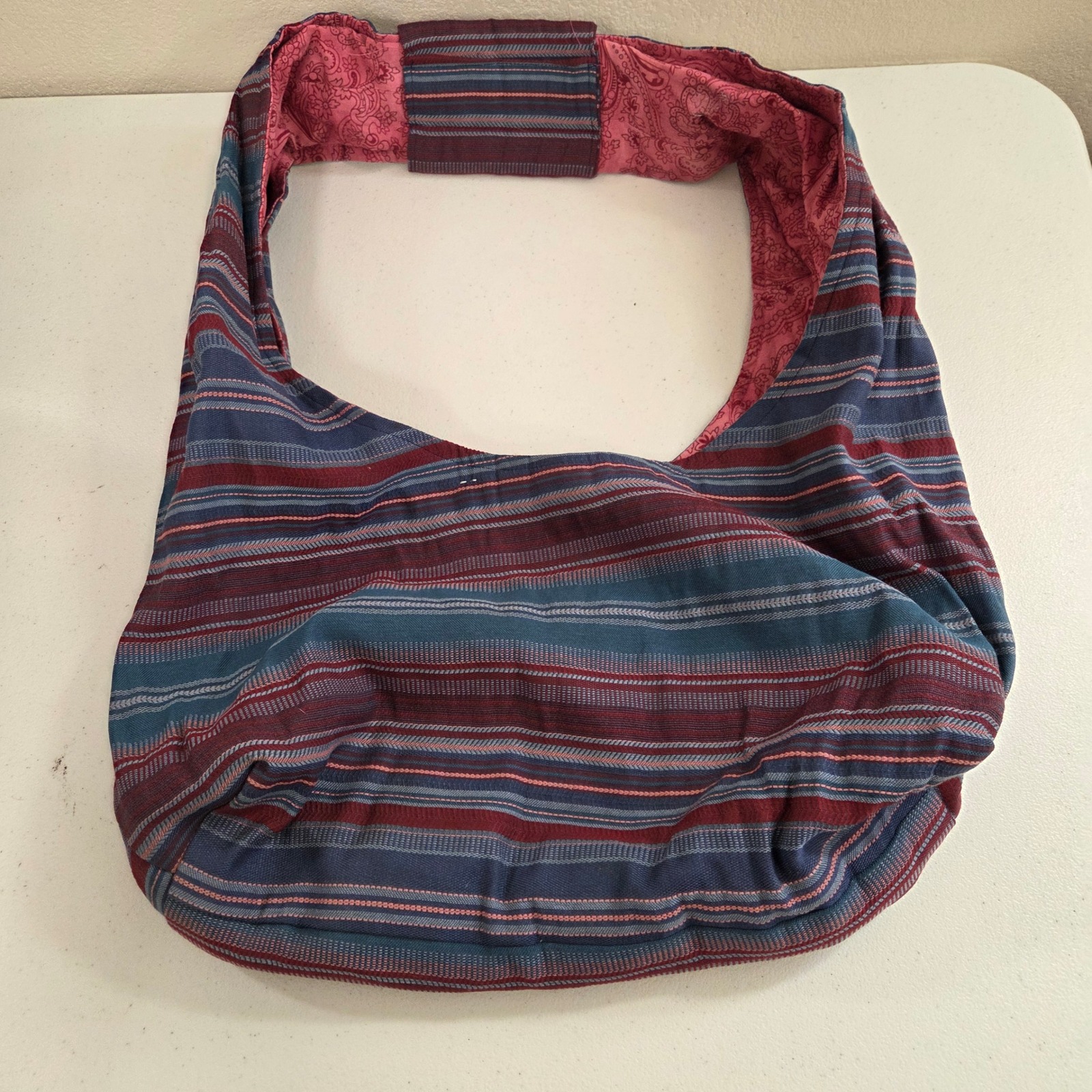 Boho Striped Reversible Hobo Sling Bag Blue Burgundy Paisley Lining Cotton